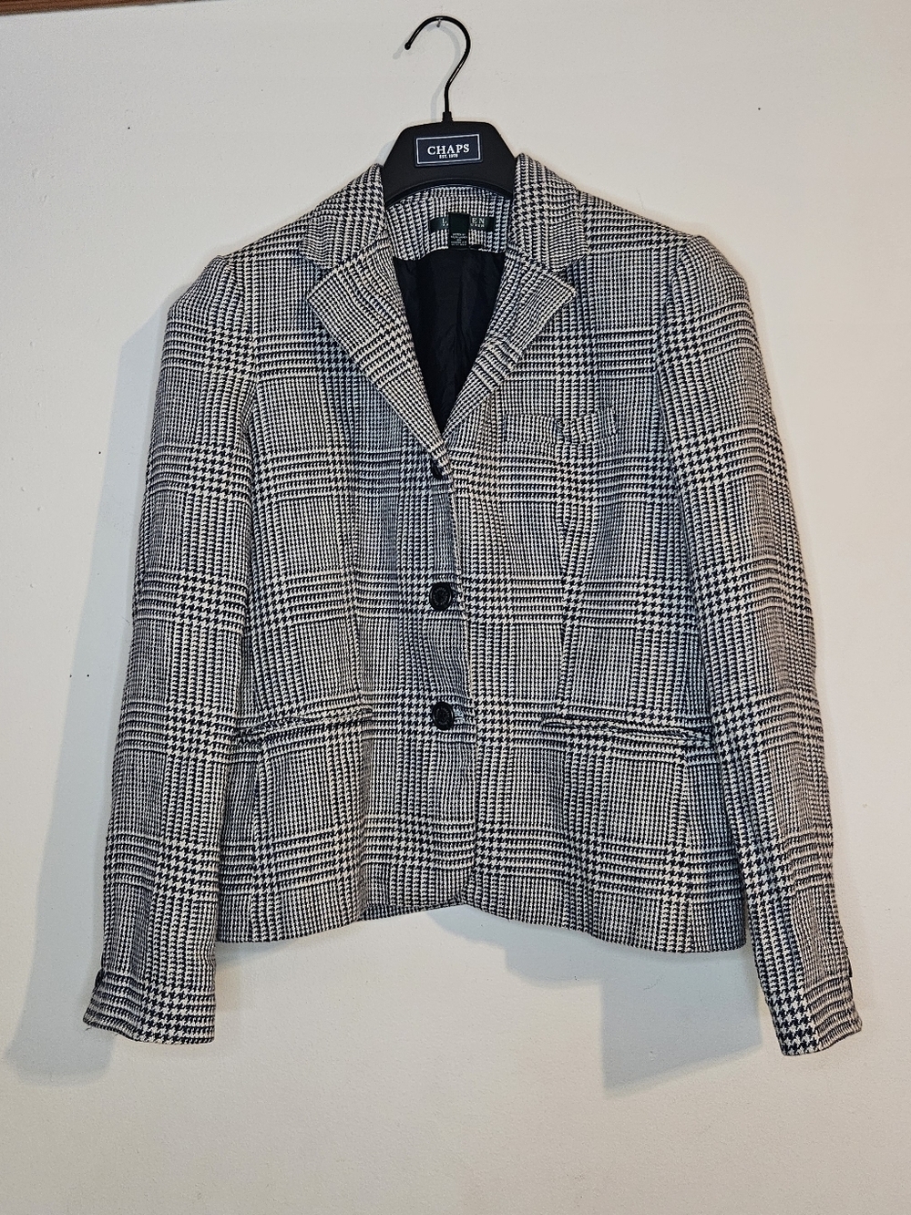 Lauren Ralph Lauren 100% Linen Houndstooth Blazer Jacket Women's Size 10 Navy